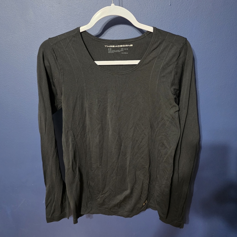 Under Armour Shirt Womens Medium Black Threadborne HeatGear Fitted Long Sleeve